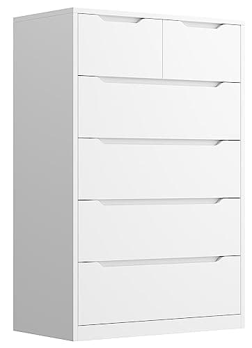 EnHomee 6 Drawers Dresser for Bedroom, Modern Chest of Drawers, White Dresser with Large Organizer, Deep Drawer and Smooth Metal Rail, White