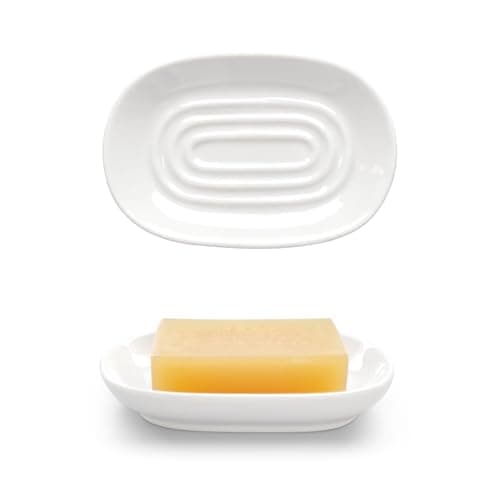 Aenfaiy Ceramic Soap Dish for Bath Sink- Modern White Bar Soap Holder for Shower - Easy to Clean Multi-Purpose Oval Soap Dishes for Soap Bar, Sponges, Jewelry, Small Items | Fits Bathroom & Kitchen