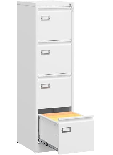 SISESOL 4 Drawer File Cabinet with Lock and Tag,White Vertical File Cabinet,Narrow Locking Filing Cabinets with Drawers,Metal Filing Storage for Home Office Fit A4 Legal/Letter Size,-Assembly Required