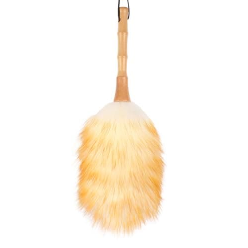 FeelfunFeather Feather Duster, Lambswool Duster for Cleaning,with Solid Wooden Handle,Leather Hang Strap,Anti-Static 14.9 inch Washable Reusable Small Hand Duster(Natural) for Office, Home and Car