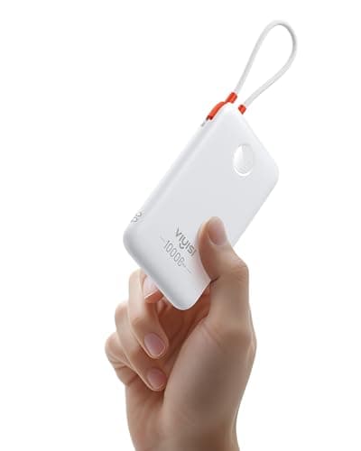VIYISI Slim Portable Charger Power Bank 10000mAh Fast Charging, Compact Battery Pack with Built-in USB C Cable, Lightweight Travel Essential Compatible with iPhone 17 16 15, Samsung, Android - White