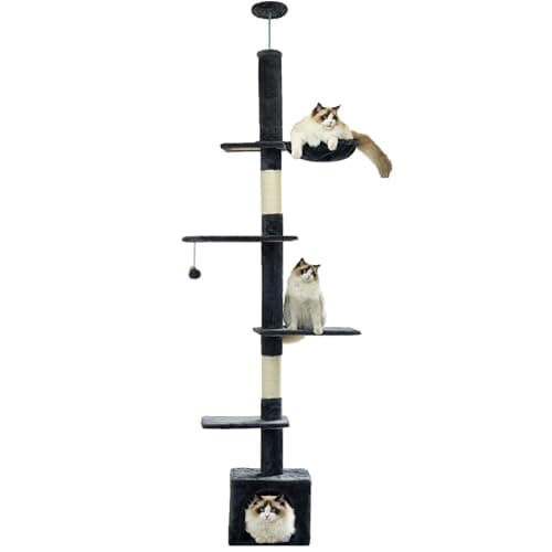 NEGTTE Cat Tree Floor to Ceiling Cat Tower with Adjustable Height, Cat Climbing Activity Center with Cozy Condo& Hammock, Platforms and Dangling Balls for Indoor Cats (Dark Gray,007)