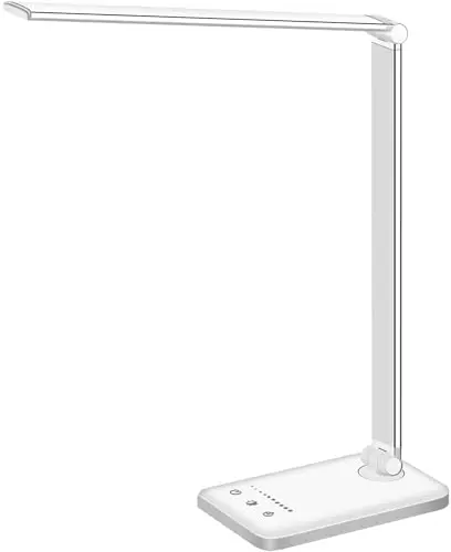 White crown LED Desk Lamp Dimmable Table Lamp Reading Lamp with USB Charging Port, 5 Lighting Modes, Sensitive Control, 30/60 Minutes Timer (White, First-Generation)