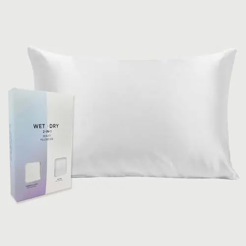 MEND Wet/Dry Reversible Pillowcase: Soft Satin Silk-Like Feel for Skin and Hair on one Side, Terry Towel for Drying Hair for Sleep After Shower on The Other (Queen, White)