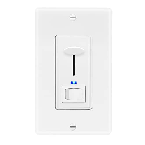 Maxxima Dimmer Electrical Light Switch - Featuring Blue Indicator Light, LED Compatible, 3-Way/Single Pole Use, 600 Watt Max, Dimmable Lamp and Lighting Control, Wall Plate Included - White