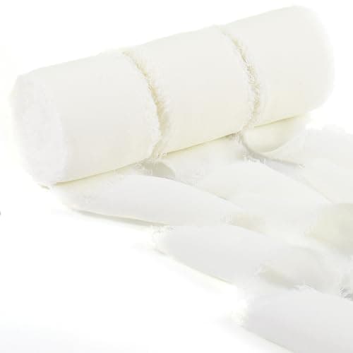 GLAMFIELDS Chiffon Ribbon Fringe Fabric Set 1.5" x 21Yd for Bouquets Wrapping, Wedding Invitations, Decorations, Gifts Wrapping & Bow Making,3 Rolls Cream White