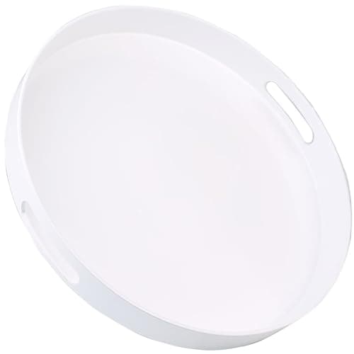 SforGUVA Round White Decorative Serving Tray with Handles, 13” Versatile Ottoman Tray for Coffee Table, Entertaining, Outdoor Patio, Living Room
