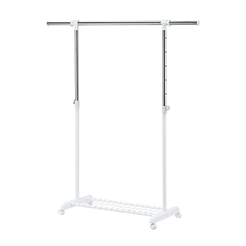 LiaMeE Adjustable Clothing Rack for Hanging Clothes, Heavy Duty Garment Rack with Wheels,Free Standing Rolling Clothes Rack with Shelf & Grid, Easy Assembly Standard Rod, White & Chrome