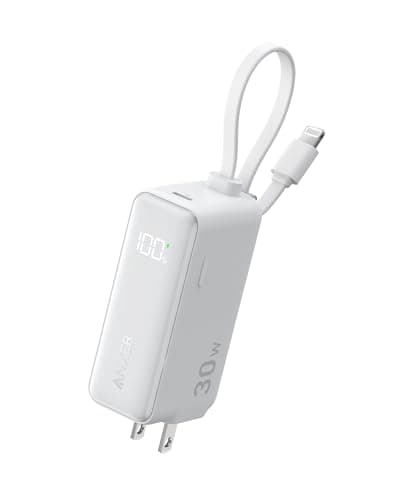 Anker 3-in-1 Power Bank, 5,000mAh Portable Charger with Built-in Lightning Cable and Foldable AC Plug, 30W Max Compact Battery Pack, for iPhone 14 Series, Galaxy, MacBook, and More