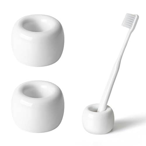 AirMoon Mini Ceramic Toothbrush Holder for Bathroom - White Small Countertop Organizer, Easy Clean Toothbrush Stand, Suit for Electric Toothbrush Head, Pens & Coffee Spoon, Pack of 2