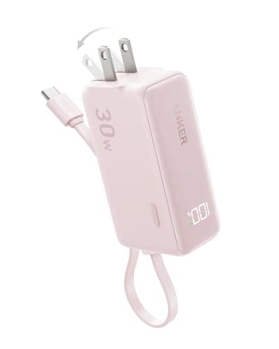 Anker Power Bank USB C Charger Block, 3-in-1 5,000mAh Portable Charger with Built-in USB-C Cable and Foldable AC Plug, 30W Max Compact Battery Pack, for iPhone 15 Series, Galaxy, MacBook, and More