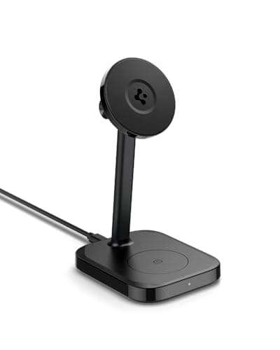 Spigen for MagSafe Wireless Charger Stand, Qi2 2-in-1 Dual Charging Station Compatible with iPhone 17/16/15/14/13/12 Series and AirPods, 15W Fast Charger with Adjustable Stand – Black