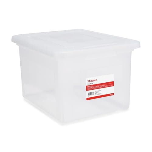 STAPLES Hanging File Folder Box, Storage Bin Organizer, Snap Lid, Letter & Legal Size Documents, Clear