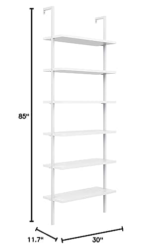 Nathan James Theo 6-Shelf Tall Modern Bookshelf, Wall Mount Ladder Shelf Bookcase with Wood and Industrial Metal Frame, Matte White 11