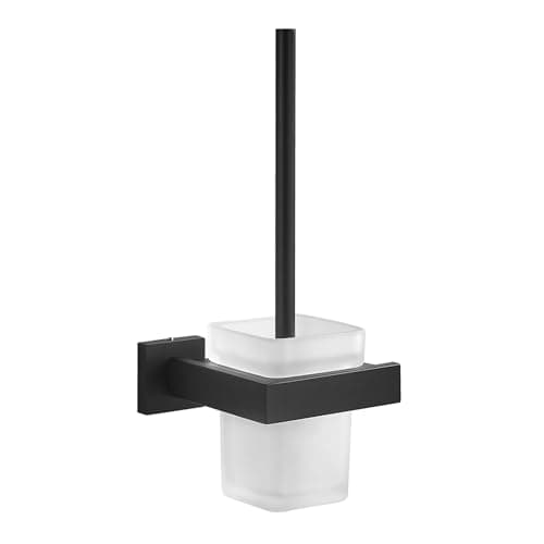 TINYROW Toilet Brush Glass Wall Mounted Toilet Bowl Brush and Holder Toilet Brush Holder Bathroom Square Black