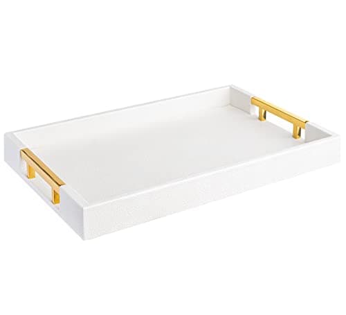 Home Redefined Modern Elegant 17.5"x12" Rectangle Glossy Faux Leather Shagreen White Decorative Serving Tray with Gold Polished Metal Handles for Ottoman Coffee Table Perfume