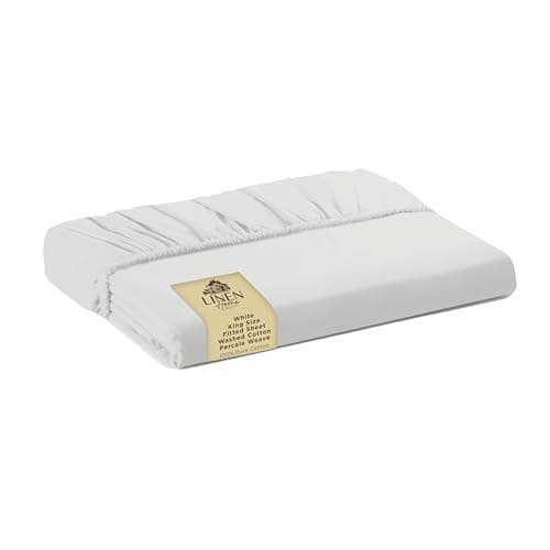 Linen Home Washed Cotton Percale Fitted Sheet King Size, White, 1 Deep Pocket Fitted Sheet, Soft and Cool Strong Bed Linen, 78"X80"+14"