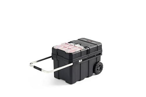 Keter Masterloader Resin Rolling Tool Box with Locking System and Removable Bins – Perfect Organization and Storage Chest for Power Drill, Tape Measure, and Screwdriver Set, Black