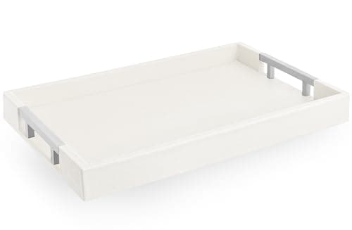 Modern Elegant 17.5"x12" White Rectangle Shagreen Faux Leather Decorative Tray Ottoman Coffee Table Perfume Living Room Kitchen Serving Tray with Silver Metal Handles for All Occasion's