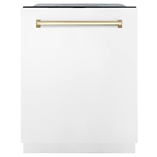 ZLINE Autograph Edition 24" 3rd Rack Top Touch Control Tall Tub Dishwasher in White Matte with Gold Handle, 51dBa (DWMTZ-WM-24-G)