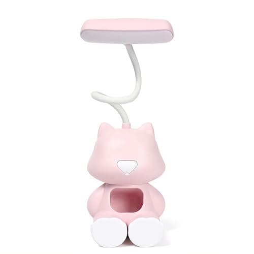HomeCozi Cute Cat LED Desk Lamp with Phone Stand – Flexible Gooseneck, Rechargeable Battery, Small Organizer Compartment – Night Light for Kids' Rooms or Nursery (Pink)