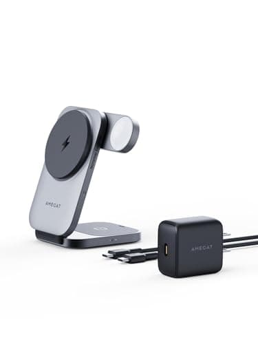 AMEGAT 3 in 1 Charging Station, MagFusion Z Foldable Qi2 Certified 15W Wireless Charger Stand Compatible with MagSafe for iPhone 17/16/15/14/13/12, Apple Watch, AirPods (30W PD Charger Included)