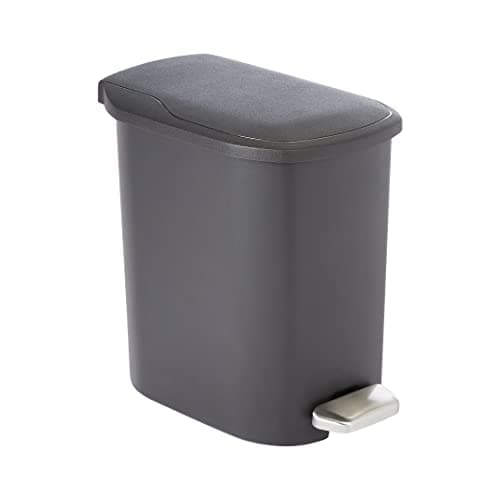 Amazon Basics Compact Plastic Bathroom Trash Can with Soft-Close Lid, Hands-Free Foot Pedal, Removable Inner Bucket, 6 Liters, Black