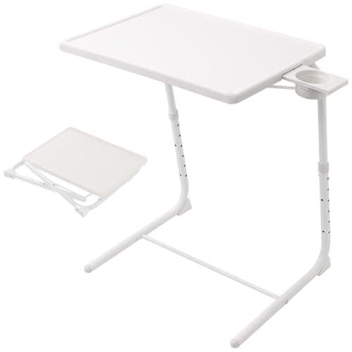 Japard Folding TV Tray Table, Small Bedside Sofa Dinner Table with Cup Holder, Adjustable 6 Height & 3 Tilt Angle (TV Tray White)