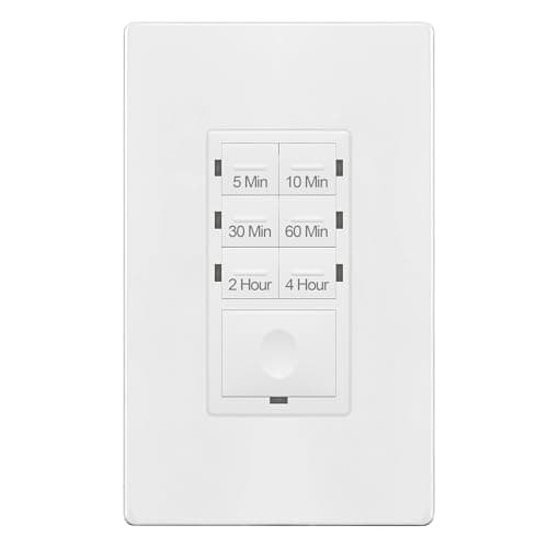 ENERLITES 4-Hour No Neutral Wire Countdown Timer Switch, 5-10-30-60 Min, 2-4 Hour, For Bathroom Fans, Heaters, Lights, LED Indicator, 120VAC 800W, UL Listed, HET06-J-W, White