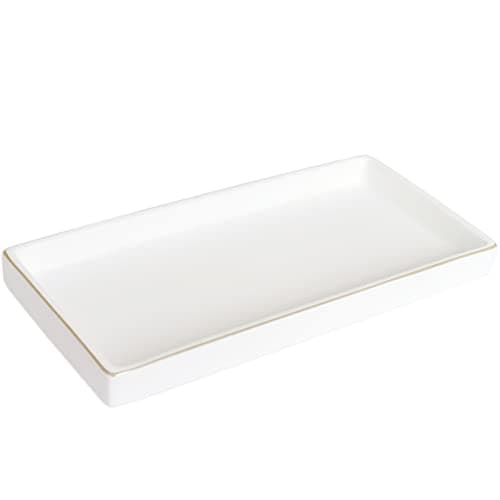 10 x 5 Ceramic Bathroom Tray for Countertop, Decorative Vanity Tray for Dresser Tops, Small Rectangular Trays for Perfume, Candle, Jewelry, Cosmetics (White)