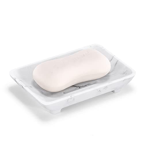 Aimou Non-Slip Soap Holder with Drain, Marble White Resin Soap Tray, Keeps Soap Bars Dry Clean, Easy to Clean in Bathroom