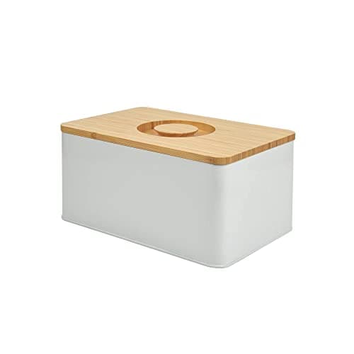 JRENINET Metal Bread Box with Bamboo Cutting Board Lid - Keep Bread Fresh and Store Easily on the Kitchen Counter - The Perfect Bread Container for Storage (14 * 9 * 7 Inches), White
