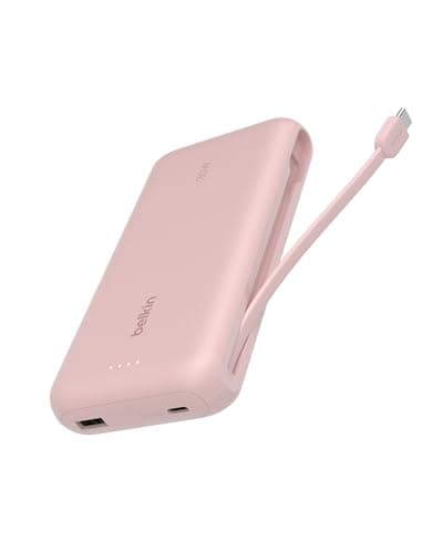 Belkin Portable Charger, Power Bank with Integrated Cable 20000 mAh 30W - Fast Charging USB C Power Delivery - iPhone 17, Air, Pro, Pro Max, iPad, AirPods, Apple Watch, Galaxy S25, & More - Pink