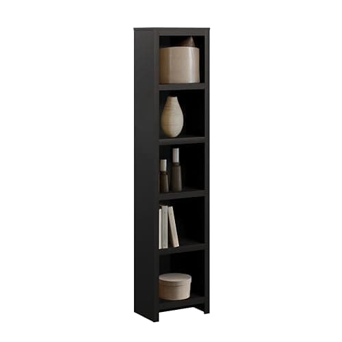 Prepac Moda 80" Tall 5-Tier Narrow Bookcase in Black, Modern Storage Accent Bookshelf with 3 Adjustable Shelves for Home, Office, Living Room, Bedroom