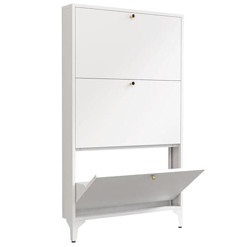 LINGZOE Shoe Cabinet with 3 Flip Drawers, Narrow Shoe Storage Cabinet, Farmhouse Shoe Organizer, Freestanding Organizer with Metal Legs for Entryway, Foyer (3 Door, White)