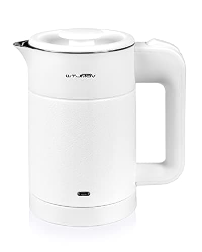 WTJMOV 0.6L Small Electric Tea Kettle Lightweight, 20 Ounce Double Wall Hot Water Boiler Stainless Steel Auto Shut-off, 120V Portable Travel Electric Kettle Fast Boil for Tea and Coffee,White