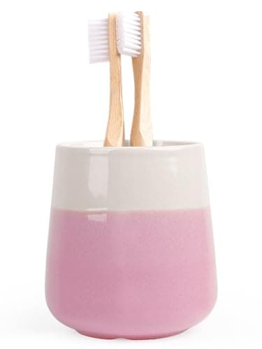 INGOFIN Ceramic Toothbrush Holder Cup, 12 oz Toothpaste Holder for Bathroom Vanity and Countertop, Organizer for Cosmetic, Makeup, Office Pencils, for Hotel Apartment, Beige and Pink