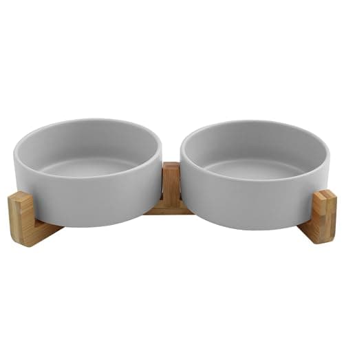 SADIE & SIMBA Ceramic Cat Bowls Dog Bowl Set with Raised Bamboo Stand for Large Cats to Medium Sized Dog Dishes (4 Cups) (Medium, Grey)