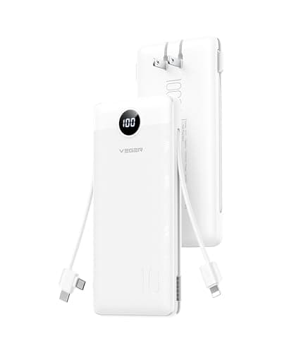 VEGER All in One Travel Portable Charger with Built-in AC Plug & Cables, 10000mAh Slim Power Bank Battery Pack, 15W Fast Charging Compatible with iPhone, Samsung, Android-White