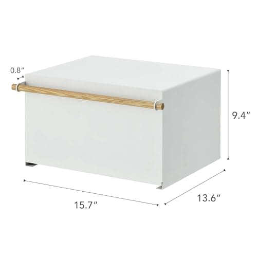 YAMAZAKI Home Modern Bread Box – Steel + Wood Countertop Bread Storage Container, Large White Bread Box for Kitchen Countertop, Space-Saving Bread Keeper, Easy Access Lid 8