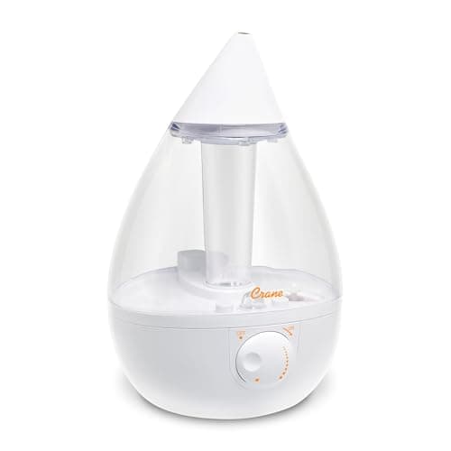 Crane White Teardrop Ultrasonic Cool Mist Humidifier, 1 Gallon Auto Shut-Off for Large Room, Baby Nursery, Bedroom Office, Clear & White