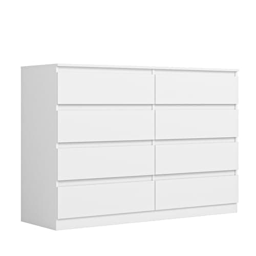 Vibe & Dine 8 Drawer Double Dresser, Modern Chest of Drawers with Wide Storage for Closet, Bedroom, Living Room, White