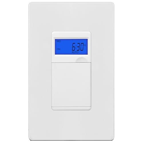 Enerlites 7 Days Digital in-Wall Programmable Timer Switch for Lights, Fans, and Motors, Single Pole, Neutral Wire Required, 18 ON/Off Timer Settings, with Blue Backlight, White, Screwless Wall Plate