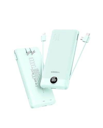 VEGER Portable Charger with Built-in AC Plug and Cables, All in One 10000mAh Ultra Slim Power Bank Travel Essentials, Fast Charging Battery Pack Compatible with iPhone, Samsung, Android (Green)