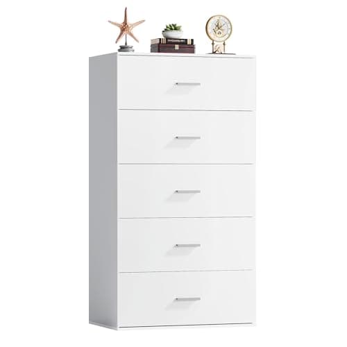 WLIVE Tall Dresser for Bedroom, Wood Chest of Drawers with Mental Handles, White Bedroom Dresser with 5 Drawers, Modern Minimalist Closet Store Organizer for Living Room, Hallway