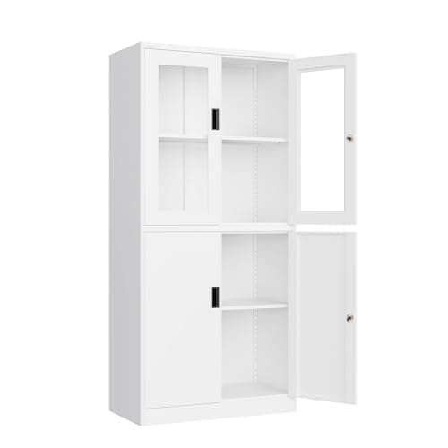 Yizosh Metal Storage Cabinet with Glass Doors - 71" Locking Display Cabinet with 2 Adjustable Shelves, 4-Tier Tall Steel Locker for Kitchen, Living Room, Dining Room (White)