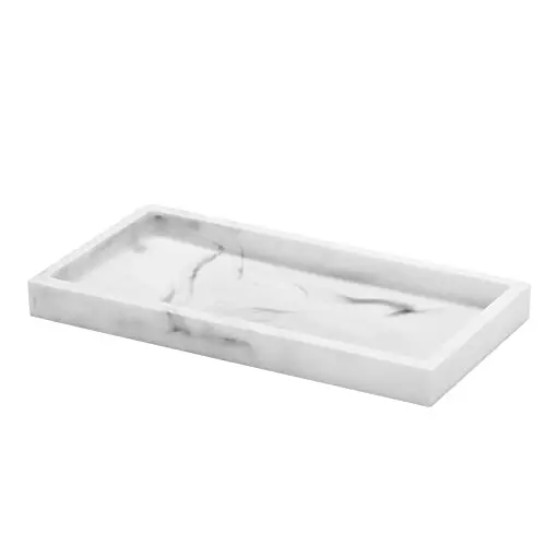 Luxspire Bathroom Vanity Tray, 8 x 4 inch Resin Kitchen Sink Tray for Soap Dispenser Bathroom Countertop Organizer Plate Holder for Perfume Soap Towel Bathroom Accessories, Mini, White Marble
