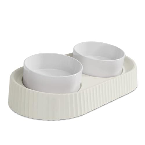 Rexinchen Ceramic Elevated Cat Bowls 15° Tilted Raised for Indoor Cat Anti Vomiting Food and Water Bowl Set Dog Bowls for Small Dog Whisker Fatigue Pet's Dishes (White)