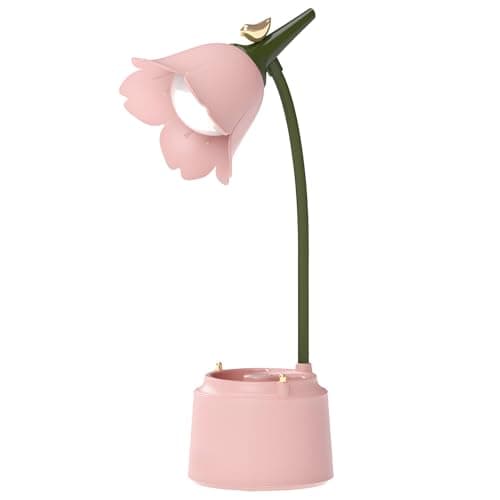 DLHONORV Cute LED Desk Lamp Kawaii Desk Accessories, Flower Bird Table lamp USB Rechargeable, 3 Color Modes, Stepless Dimming, Touch-Sensitive Switch Kawaii Room Decor Lamp, Reading Lamp (Pink)