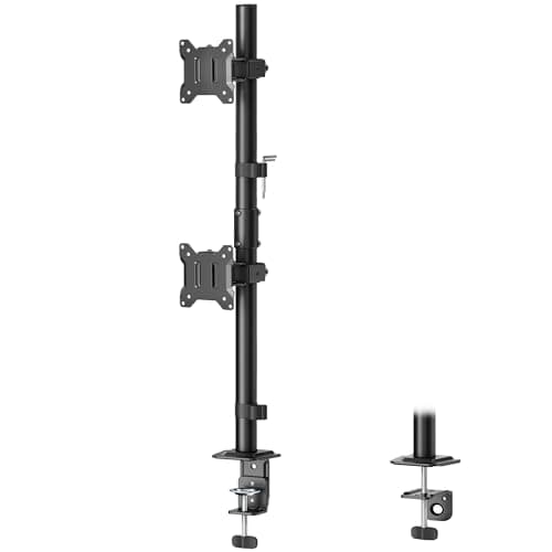 monTEK Stable Vertical Dual Monitor Mount, Stacked Desk Stand for Two 17-32 inch Screens, Full Motion Arm with Tilt, Swivel, Rotation, Supports 22 lbs per Side, C-Clamp/Grommet Base, VESA 100×100mm